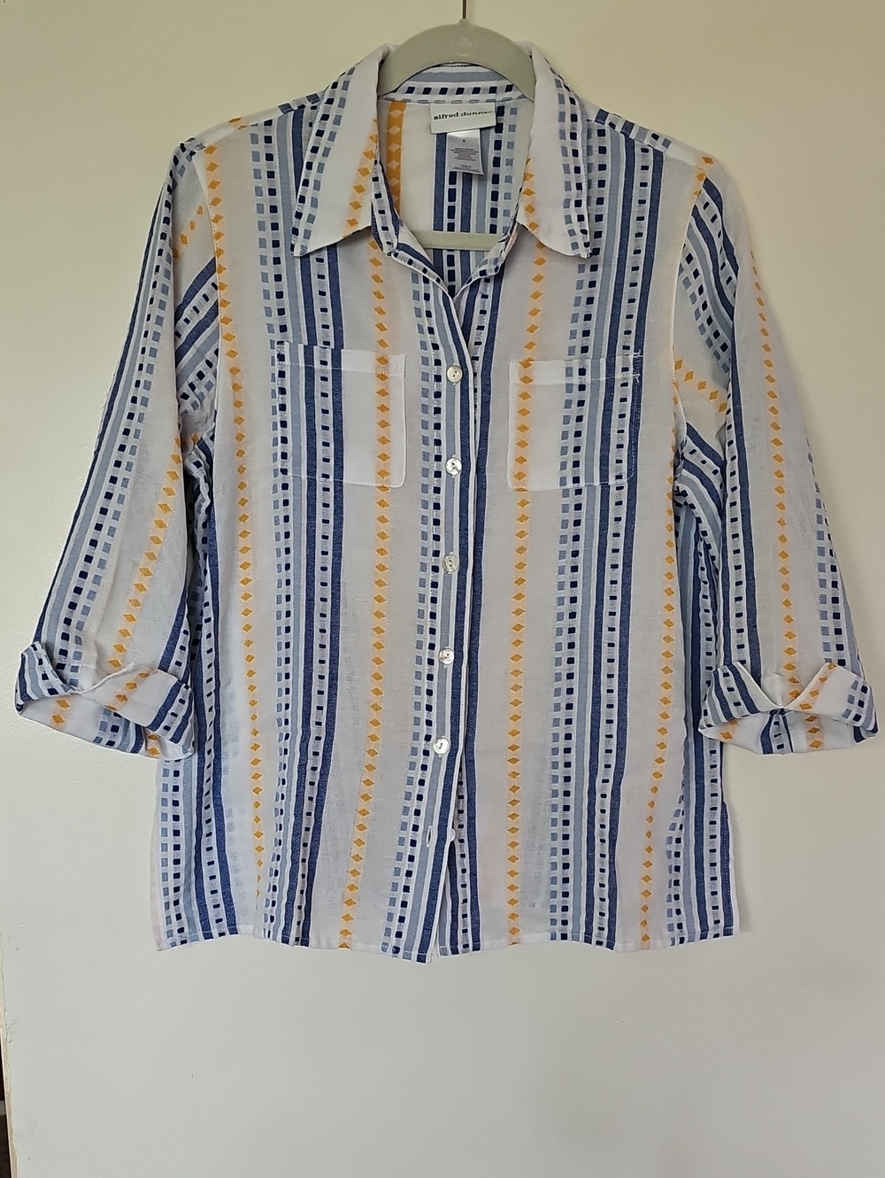Alfred Dunner White Button-Down Shirt with Blue Stripes and Yellow Accents.